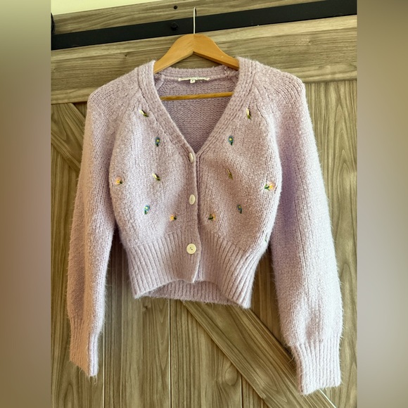 English Factory Sweaters - English Factory cropped purple cardigan sweater embroidered flowers ladies S